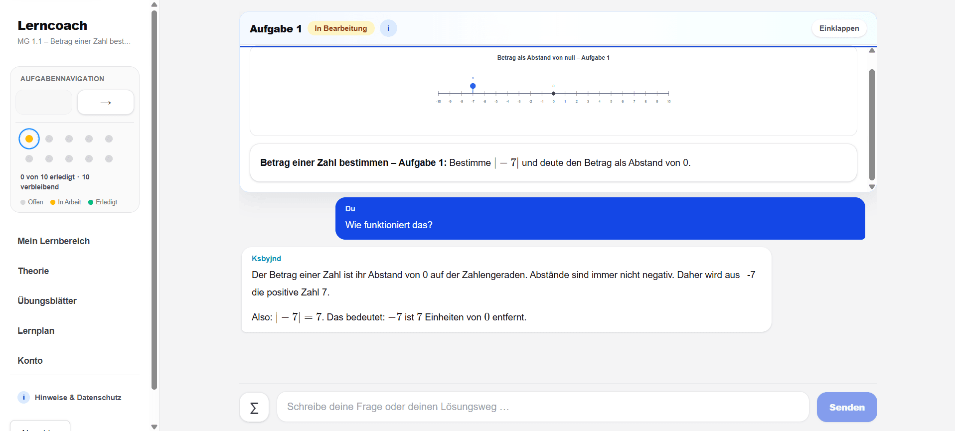 Dialog mit dem Lerncoach, der den Betrag einer Zahl anhand der Zahlengeraden verständlich erklärt.