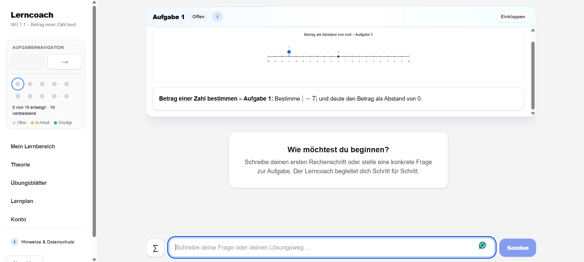 Eine Mathematikaufgabe mit Zahlengerade und der Einladung, den ersten eigenen Rechenschritt zu formulieren.